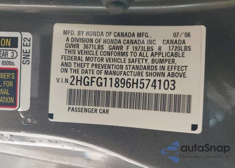 2006 Honda Civic Ex z USA, uszkodzony, nr VIN 2HGFG11896H574103